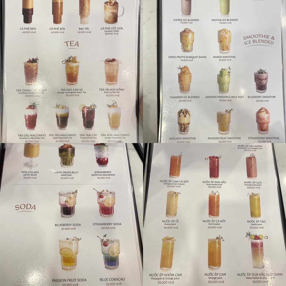 các loại đồ uống trong menu của Vòm cafe 