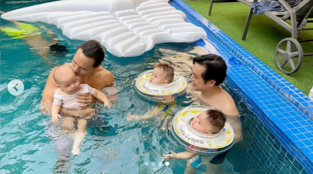 Gia đình Dương Khắc Linh check in bể bơi nhà Hà Hồ