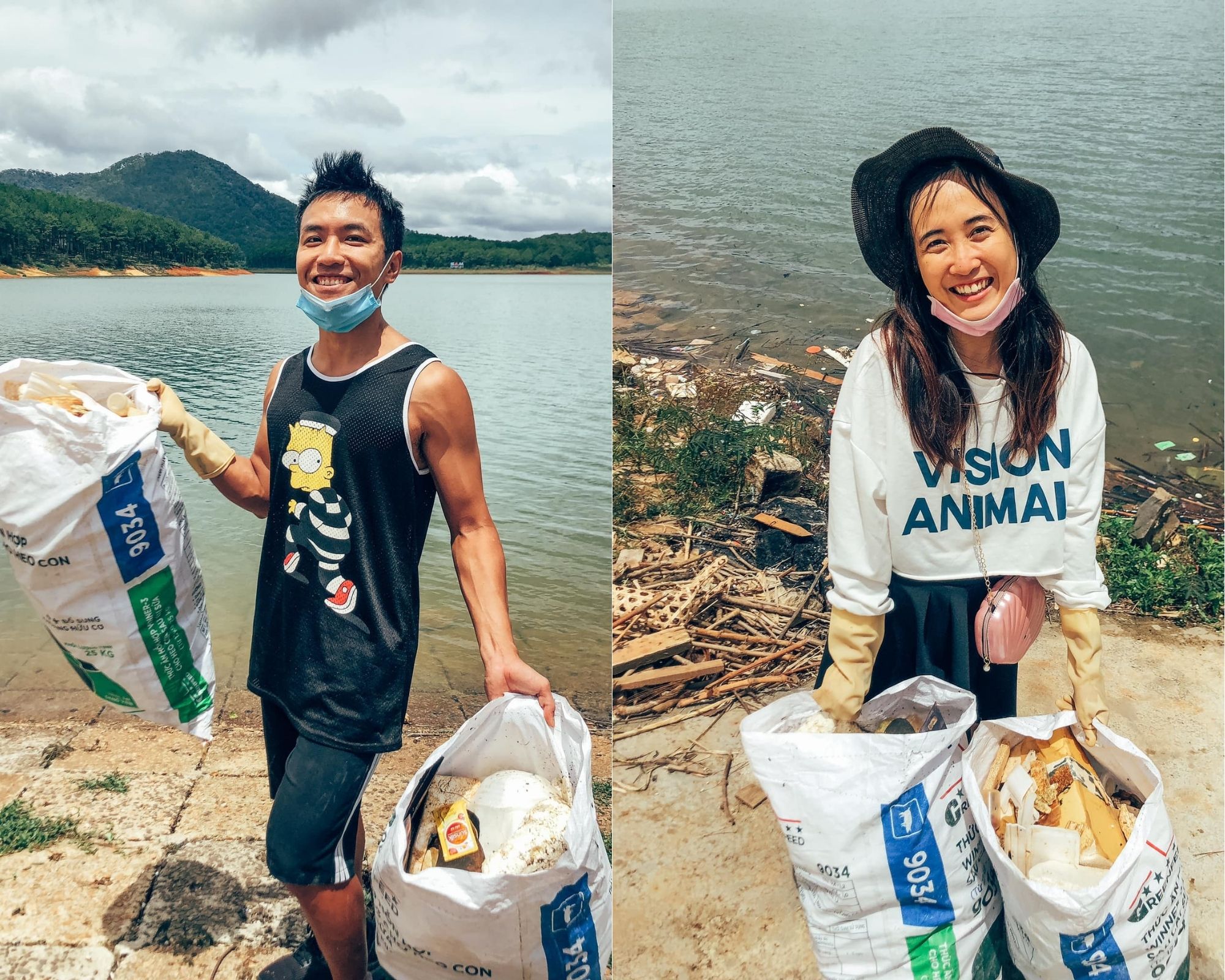 cặp vợ chồng trẻ tình nguyện dọn rác hồ Tuyền Lâm