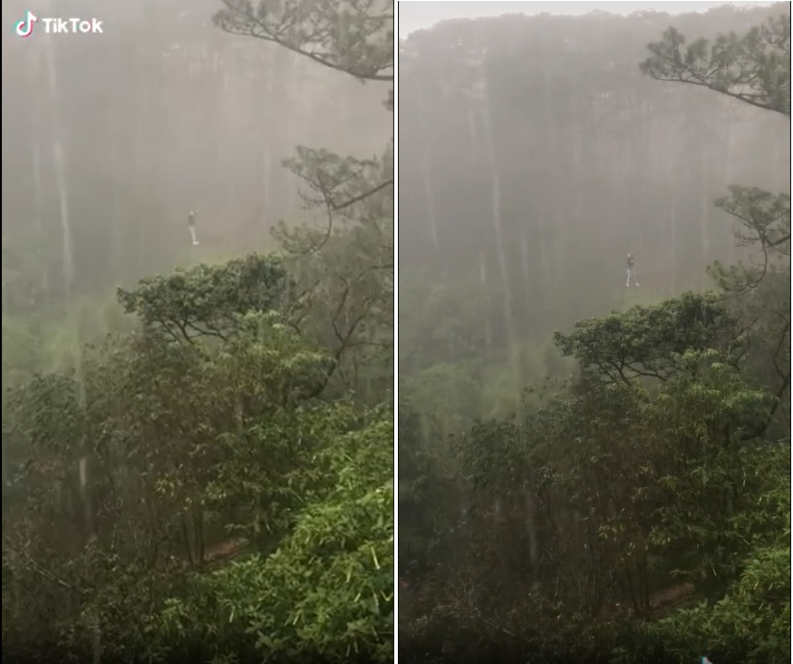 Cáp treo trục trặc, một du khách ở Đà Lạt phải chịu cảnh vừa lơ lửng giữa rừng vừa tắm mưa tầm tã