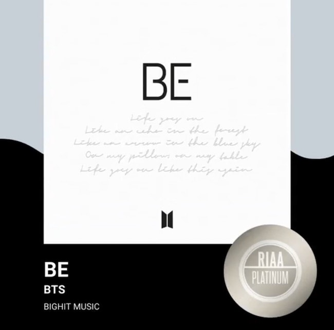 Album BE của BTS đạt chứng nhận bạch kim RIAA