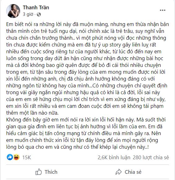 Thanh Trần chính thức đăng bài trên facebook cá nhân bày tỏ sự hối hận muộn màng của mình