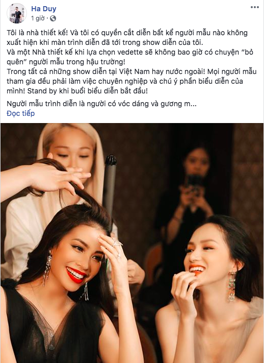 NTK Hà Duy đăng bài chia sẻ trên facebook cá nhân lại quay ra “tố ngược” Hoa hậu Quốc tế vì làm việc thiếu chuyên nghiệp.