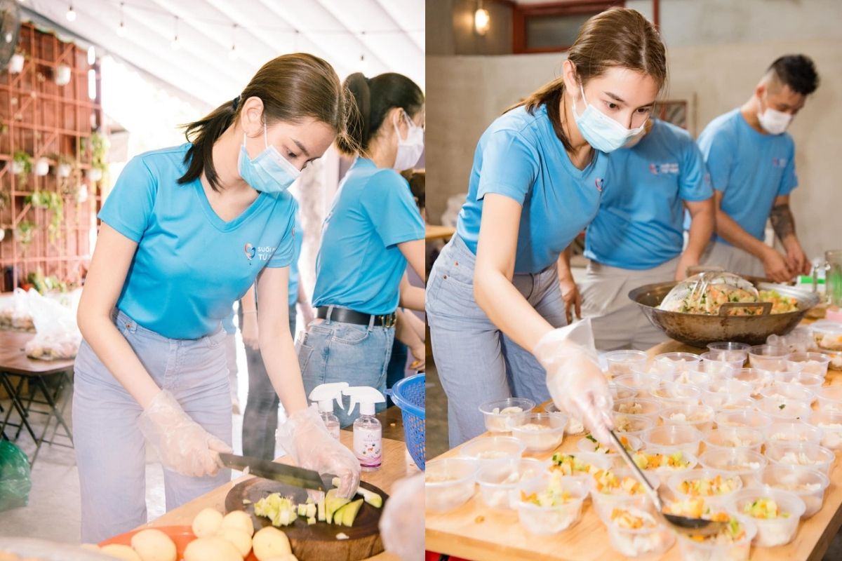 Loạt khoảnh khắc Tân hoa hậu nấu cơm từ thiện, khuân vác lương thực ở Sài Gòn đang gây bão, ấn tượng nhất là hành động cuối cùng! 