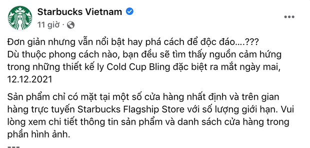 thông báo của Starbucks Vietnam về việc cho ra mắt phiên bản giới hạn Cold Cup Bling