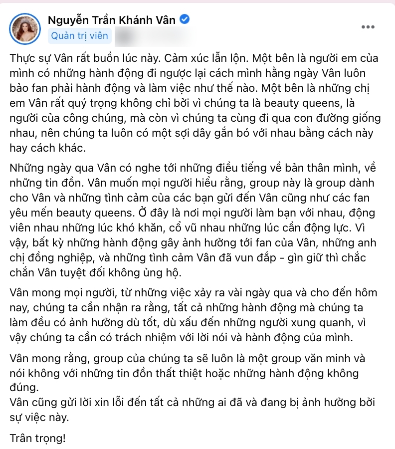 Khánh Vân xin lỗi về scandal