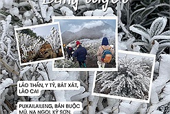 Dân leo núi thích thú khi săn được băng giá trên đỉnh Lảo Thẩn, bản Buộc Mú ở Nghệ An cũng trắng xóa