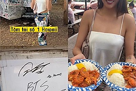 Võ Hoàng Yến thưởng thức món tôm trứ danh Hawaii chuyên nghiệp như food blogger, đặc biệt còn bắt được “cheap moment” cùng BTS