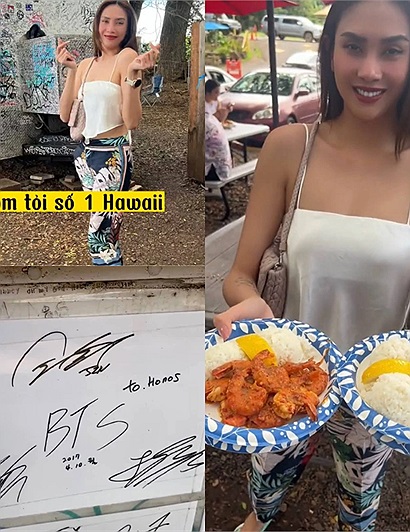 Võ Hoàng Yến thưởng thức món tôm trứ danh Hawaii chuyên nghiệp như food blogger, đặc biệt còn bắt được “cheap moment” cùng BTS