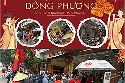 Nhiều người xếp hàng dài mua bánh Trung thu trước cửa hàng Đông Phương