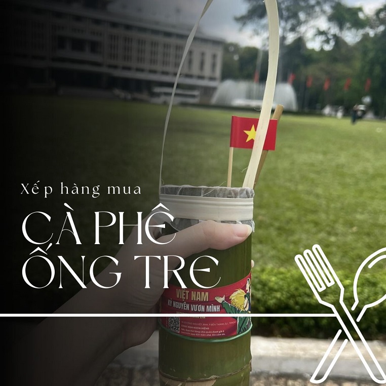Người trẻ xếp hàng mua cà phê ống tre gắn cờ đỏ sao vàng đang gây sốt